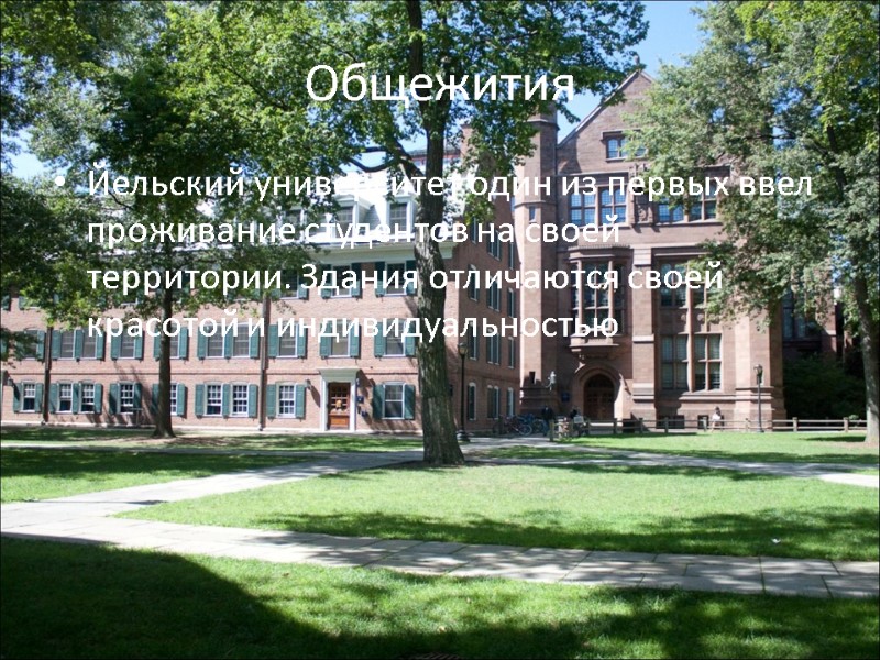 Общежития Йельский университет один из первых ввел проживание студентов на своей территории. Здания отличаются